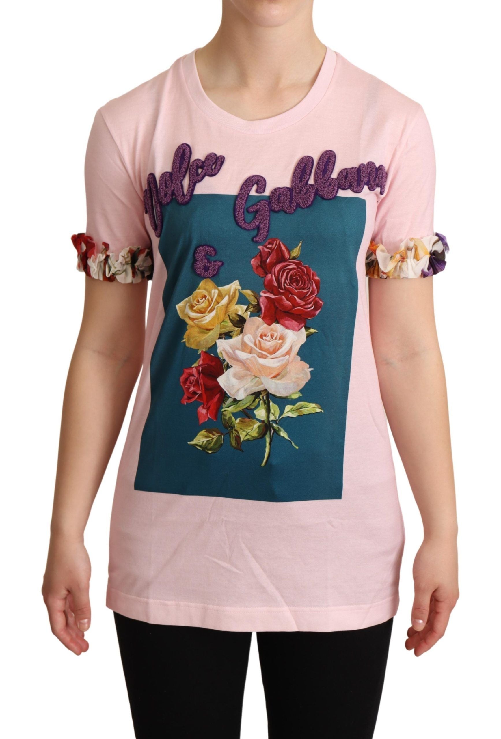 Dolce & Gabbana Rosa Baumwoll-T-Shirt mit geblümten Rosen und Rundhalsausschnitt