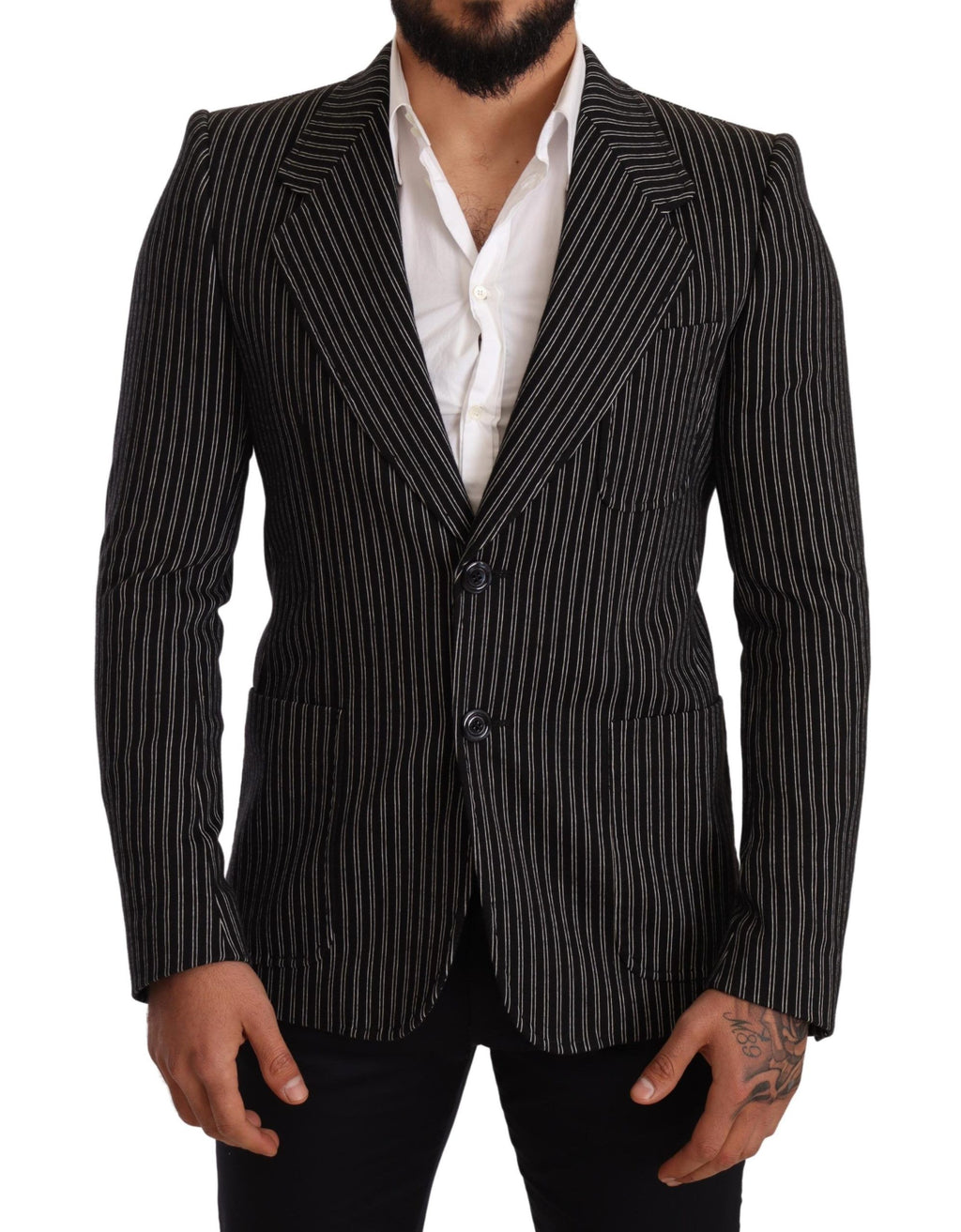 Dolce & Gabbana Schwarz gestreifter Slim Fit Wollmantel Blazer