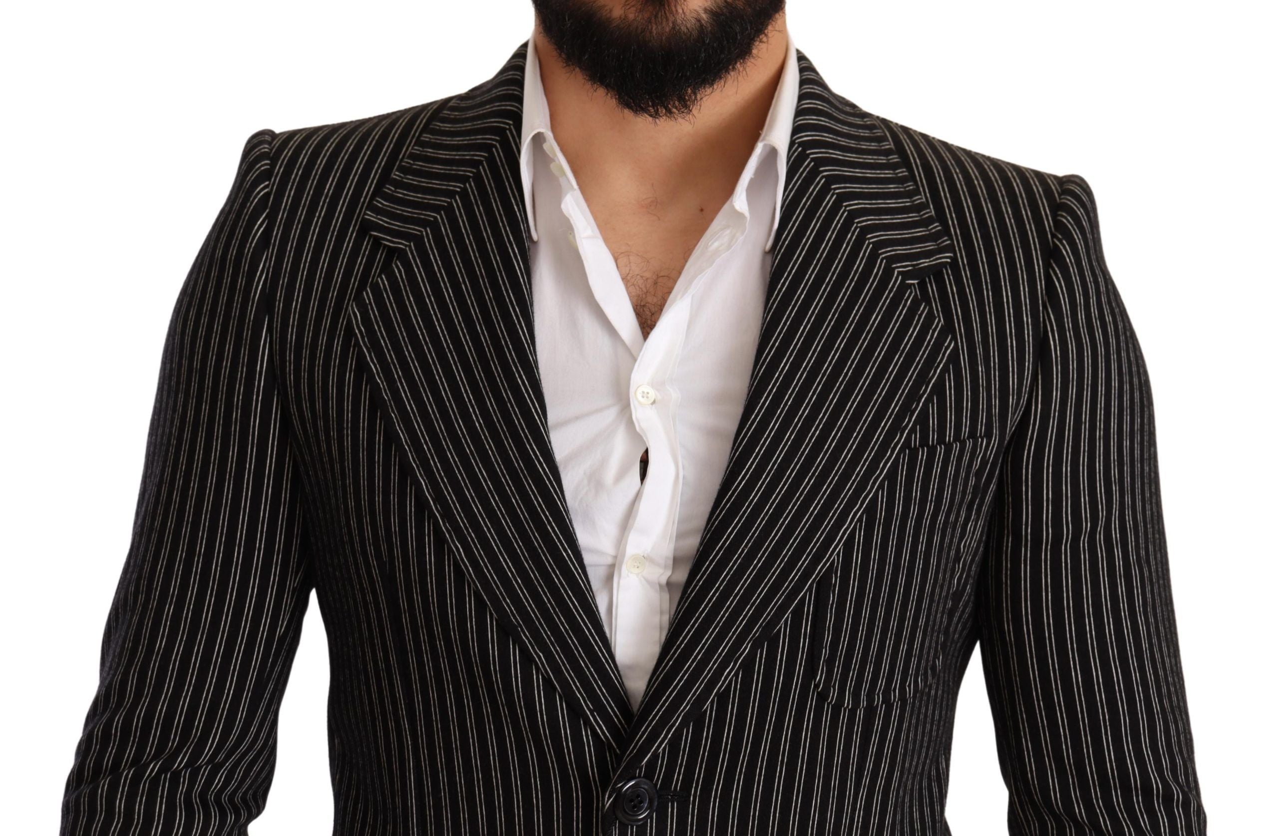 Dolce & Gabbana Schwarz gestreifter Slim Fit Wollmantel Blazer