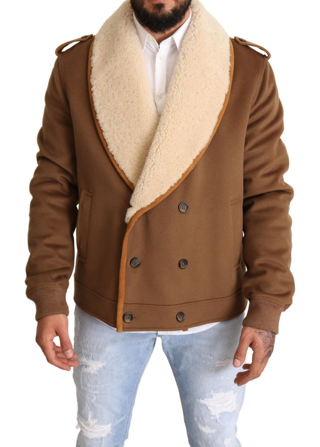 Dolce & Gabbana Brauner doppelreihiger Shearling-Mantel Jacke