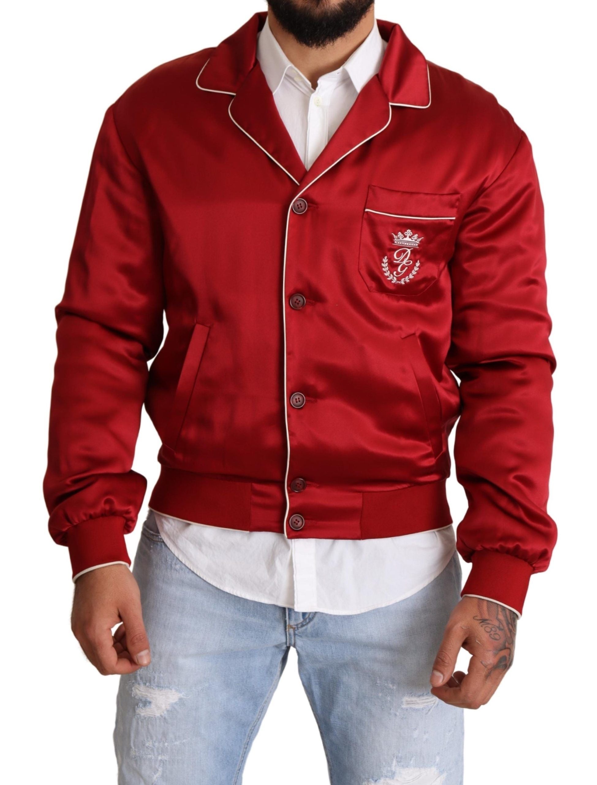Dolce & Gabbana Rote Seidenknopf-DG-Logo-Bomberjacke