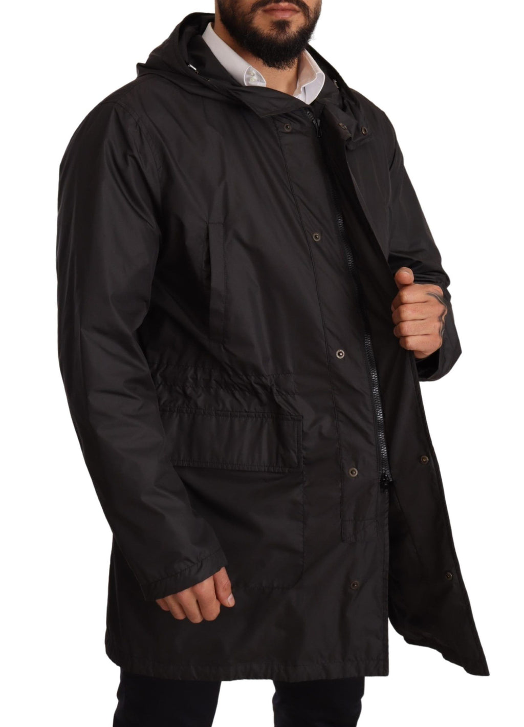 Dolce & Gabbana Schwarzer Kapuzenmantel Herren Trenchcoat Jacke