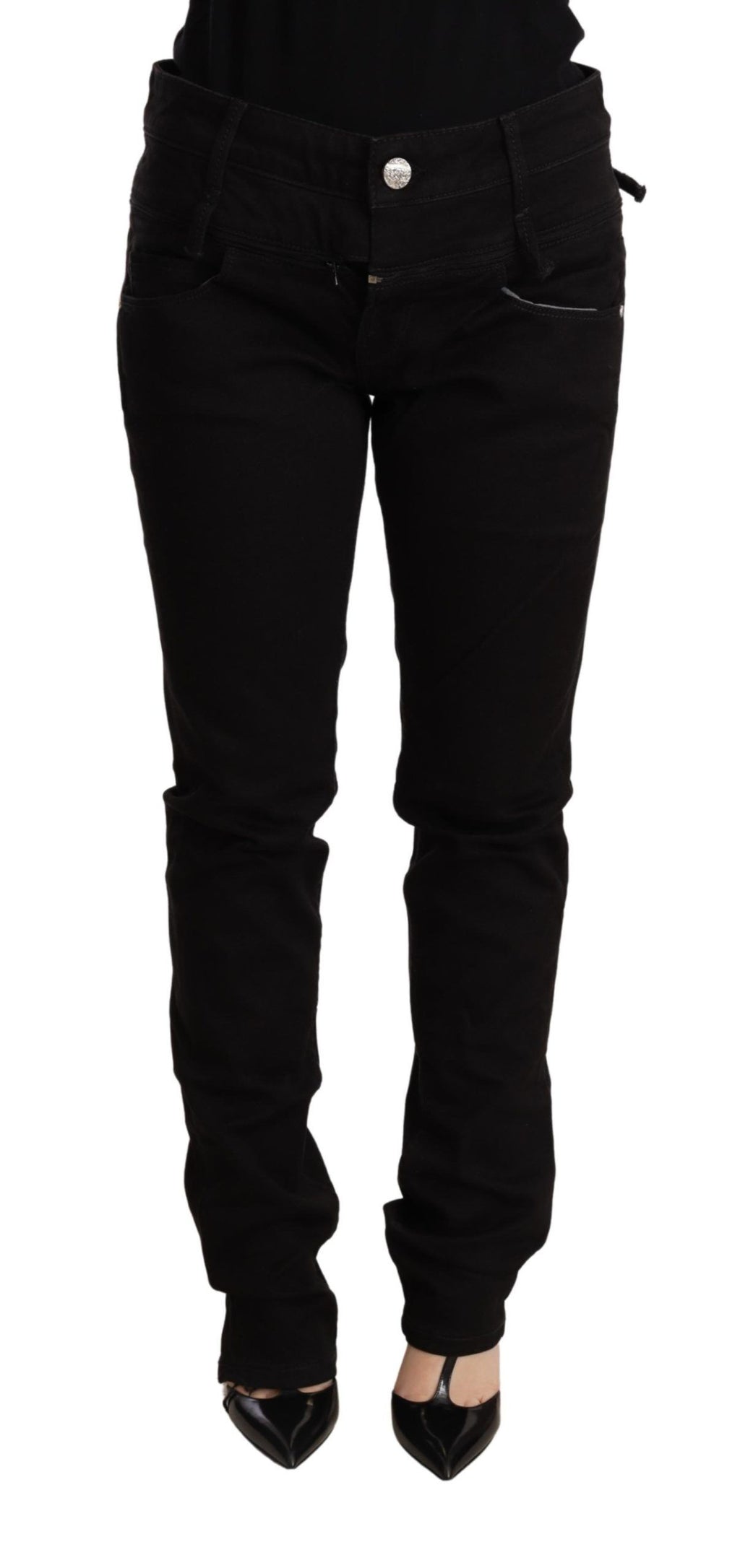 Acht Schwarze Skinny Denim Jeans Hose mit niedriger Taille