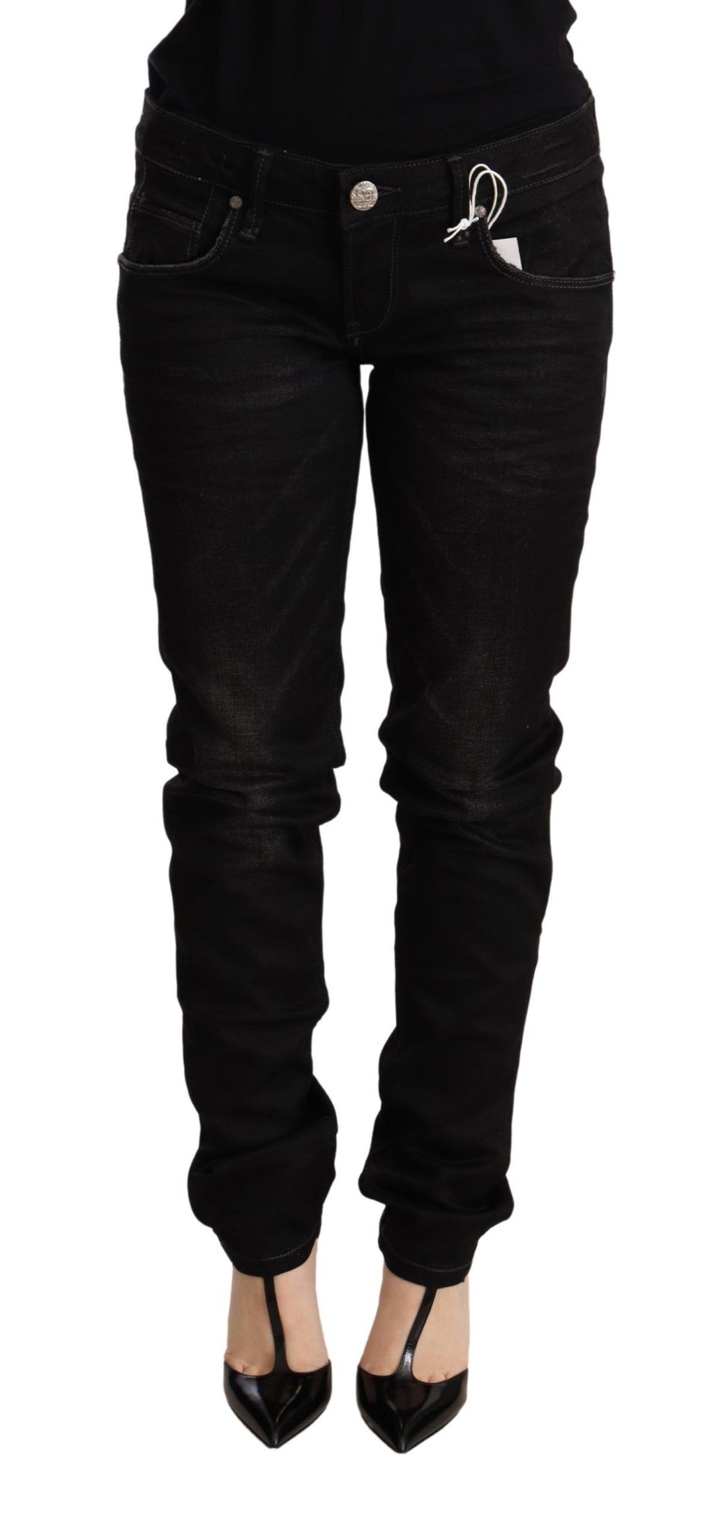 Acht Schwarze Skinny Denim-Hose aus Baumwolle mit niedriger Taille