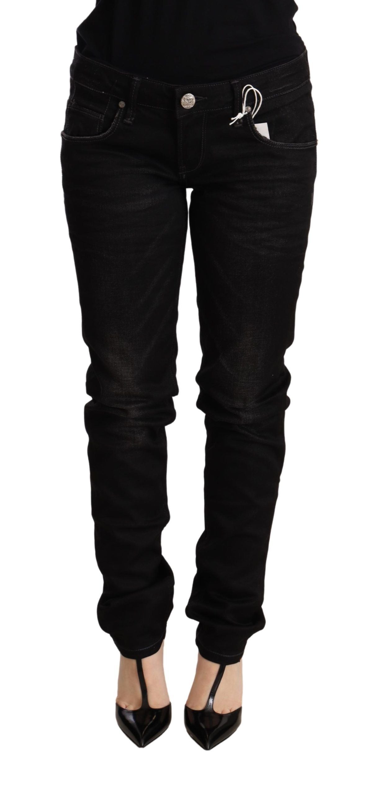 Acht Schwarze Skinny Denim-Hose aus Baumwolle mit niedriger Taille