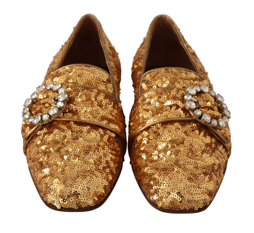 Dolce & Gabbana Gold Pailletten Kristall Flach Frauen Loafers Schuhe