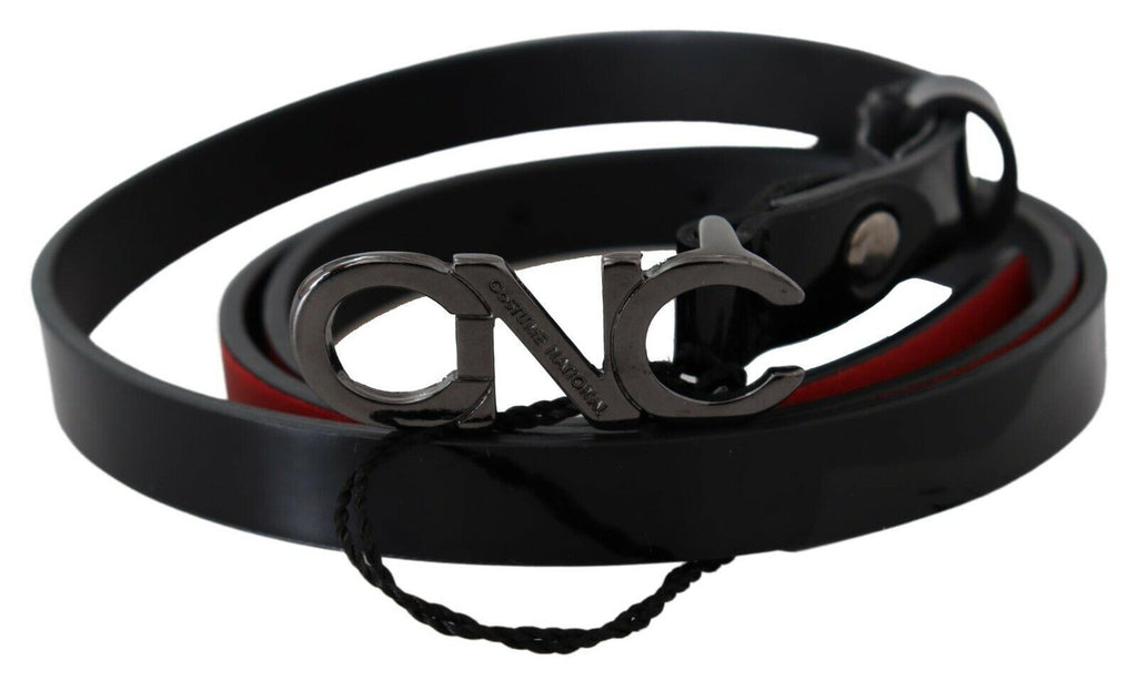 Costume National Schwarzer Skinny Leder Logo Schnallengürtel