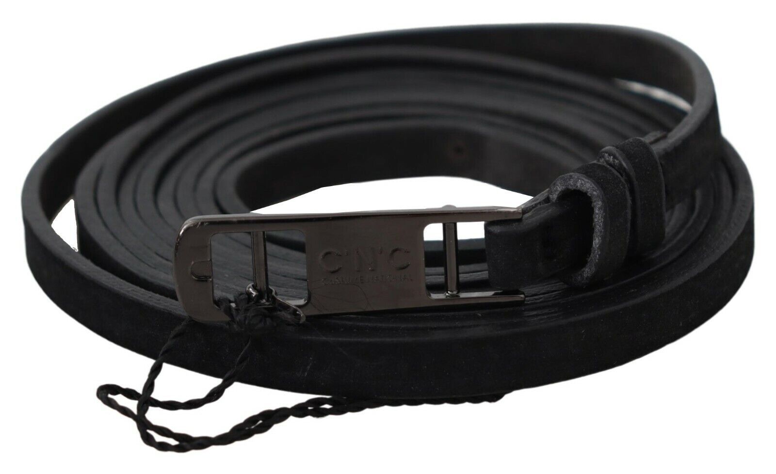Costume National Schwarzer Leder Skinny Logo Schnallengürtel