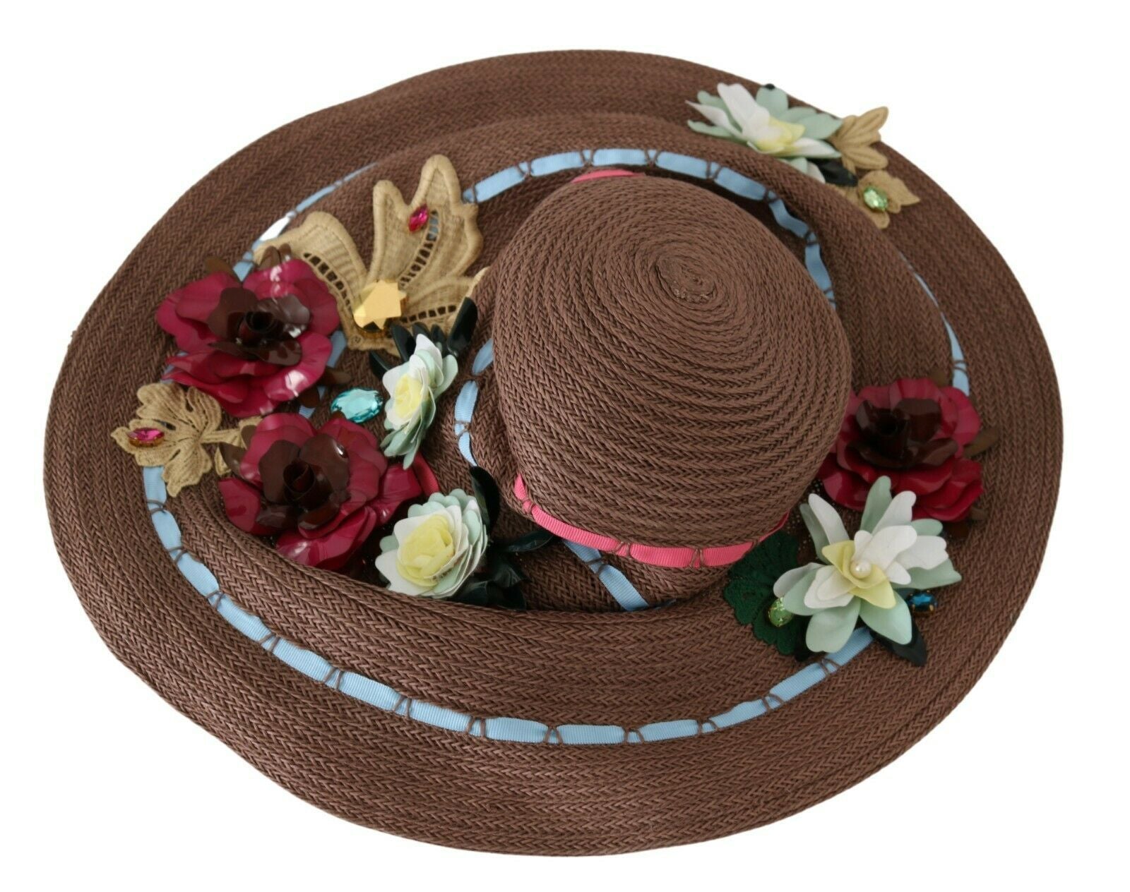 Dolce & Gabbana Brauner gestrickter Strohhut mit Blumen