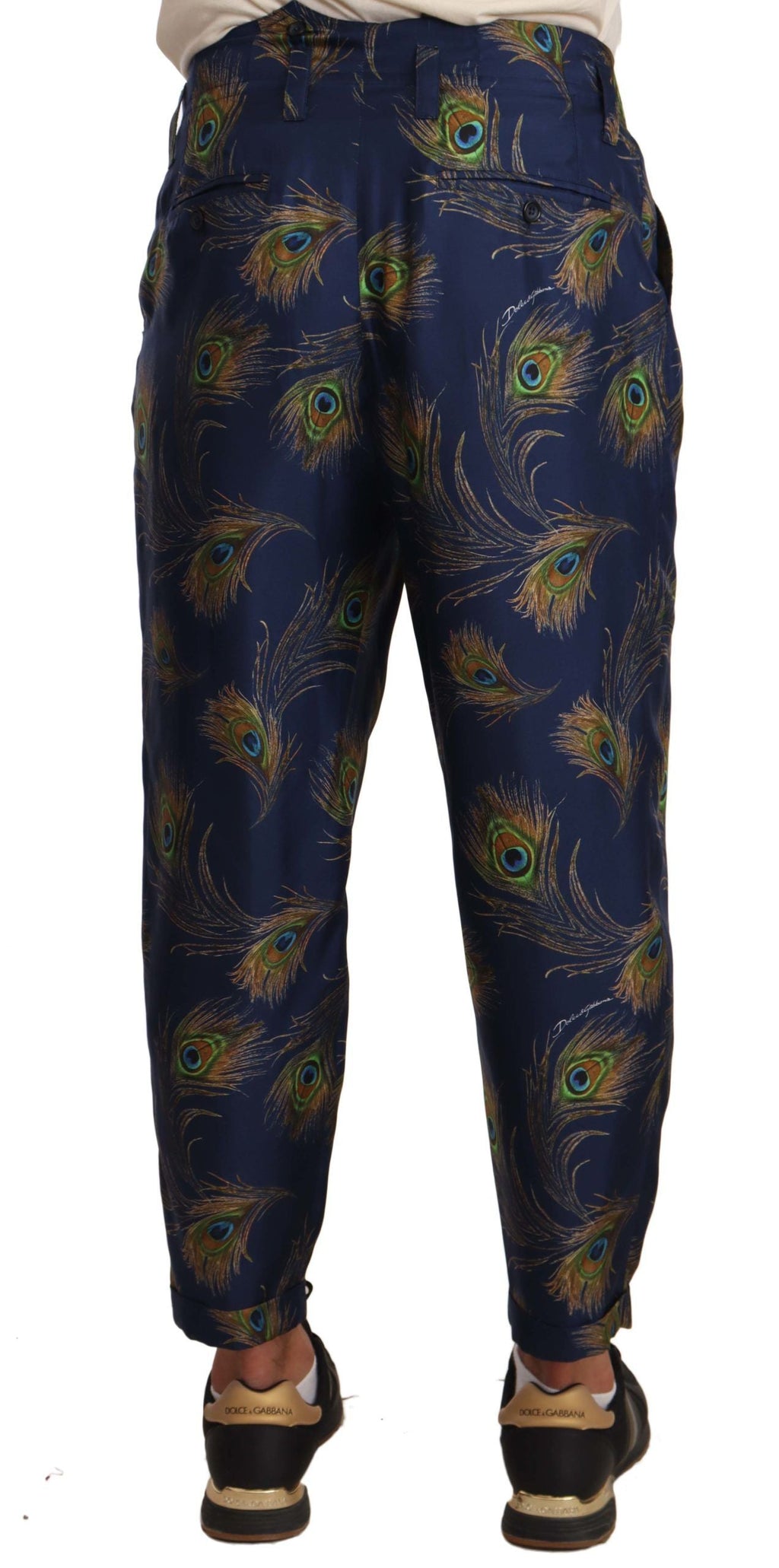 Dolce & Gabbana Blaue konische Hose mit Pfauenmuster Seidenhose