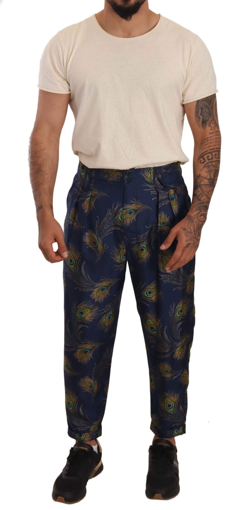 Dolce & Gabbana Blaue konische Hose mit Pfauenmuster Seidenhose