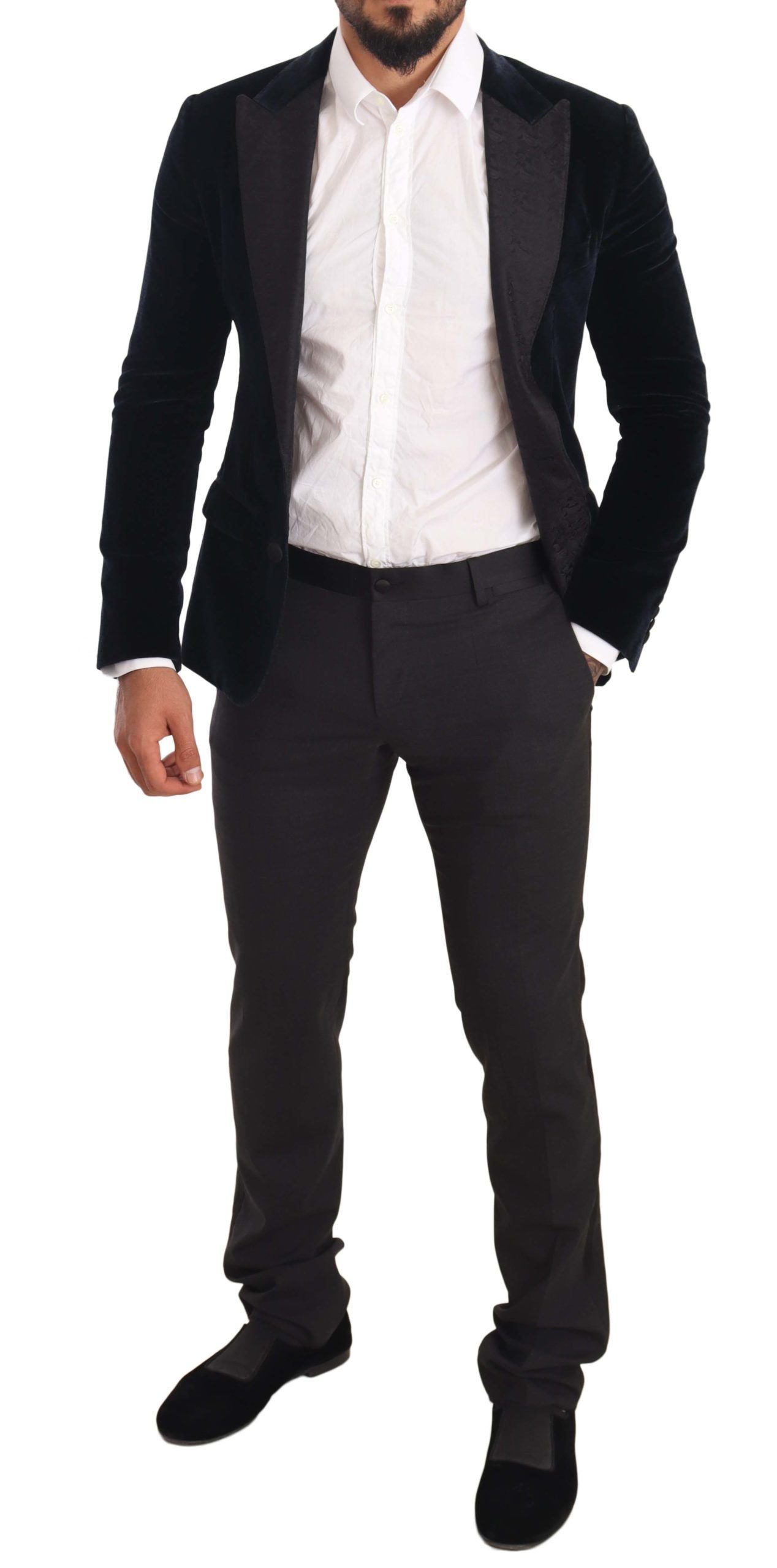 Dolce & Gabbana Blauer Samt-Baumwolle Slim Fit Smoking Anzug