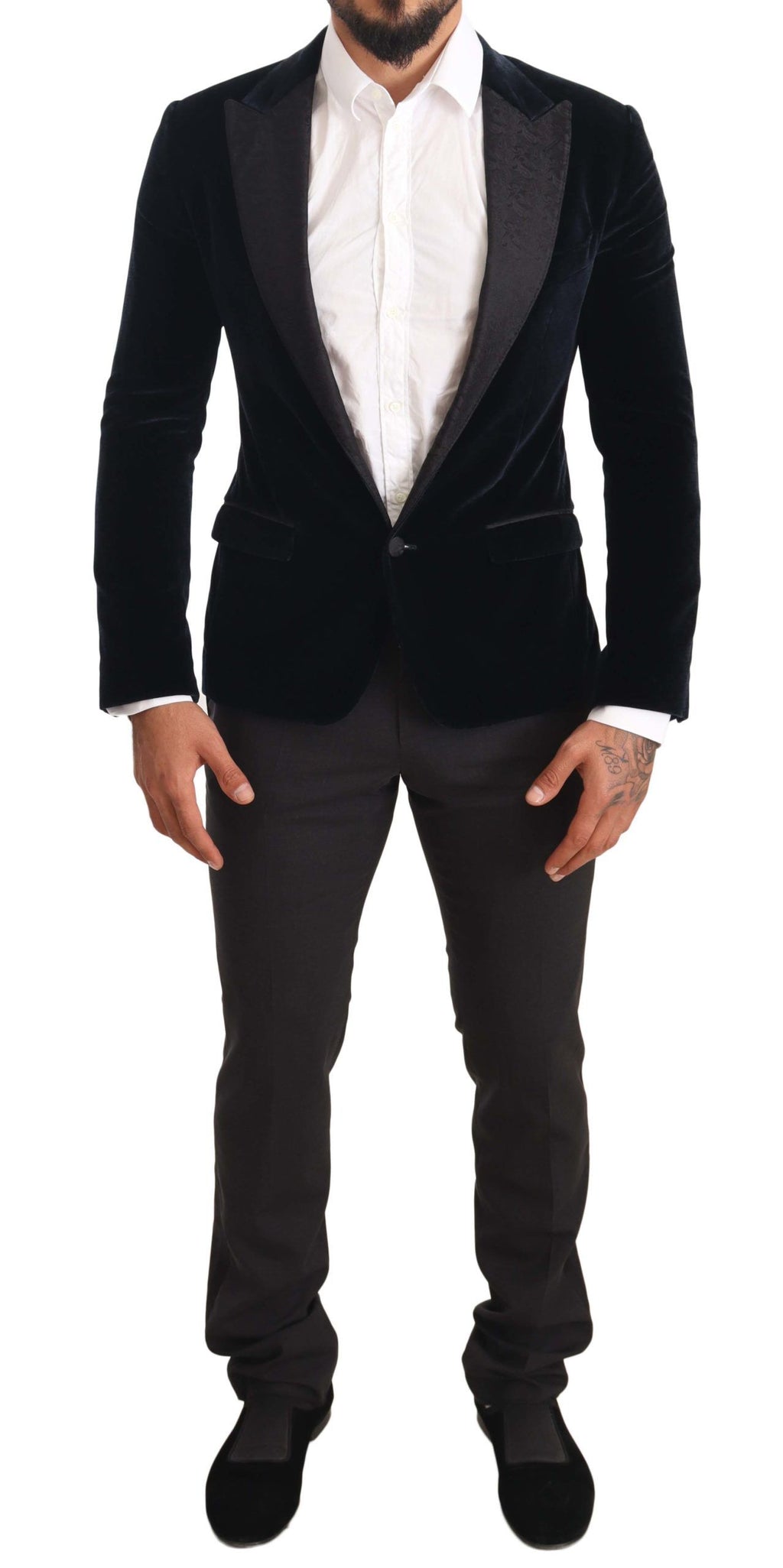 Dolce & Gabbana Blauer Samt-Baumwolle Slim Fit Smoking Anzug