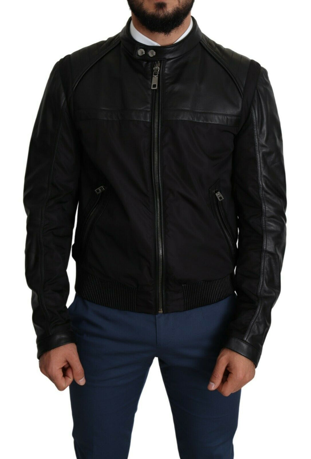 Dolce & Gabbana Schwarzes Nylon durchgehender Reißverschluss Männer Bomber Mantel Jacke