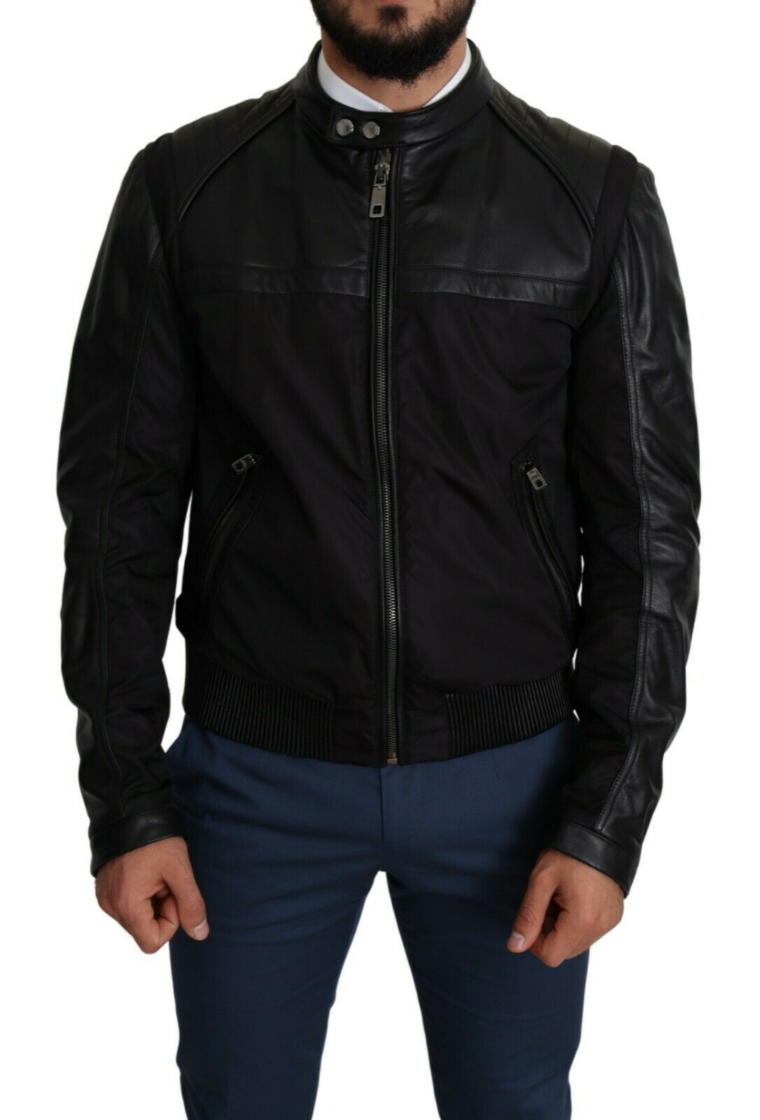 Dolce & Gabbana Schwarzes Nylon durchgehender Reißverschluss Männer Bomber Mantel Jacke
