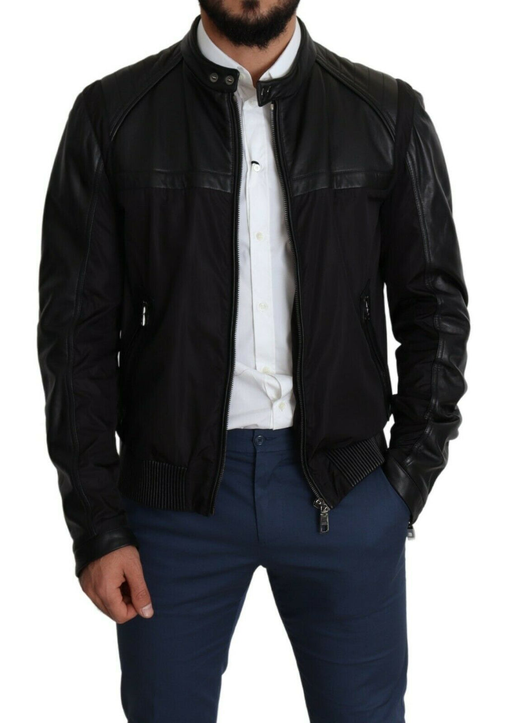 Dolce & Gabbana Schwarzes Nylon durchgehender Reißverschluss Männer Bomber Mantel Jacke