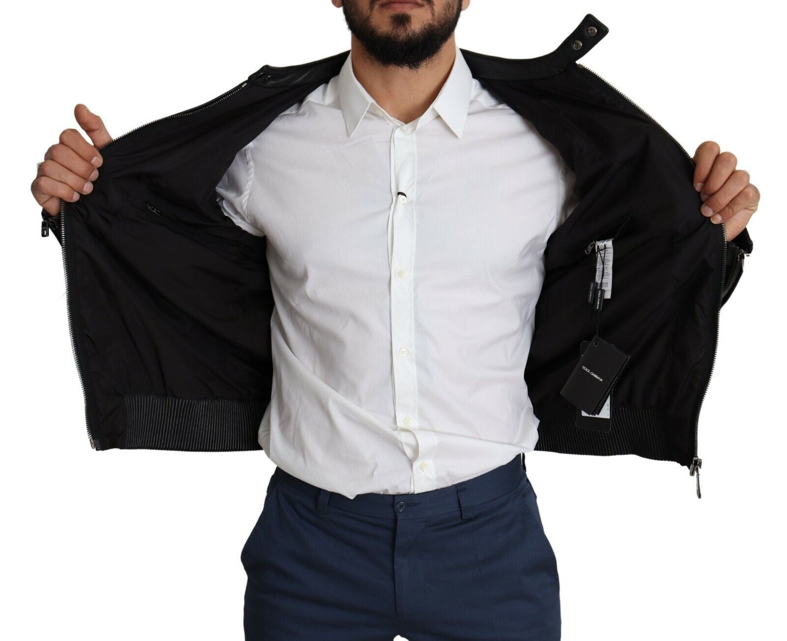 Dolce & Gabbana Schwarzes Nylon durchgehender Reißverschluss Männer Bomber Mantel Jacke