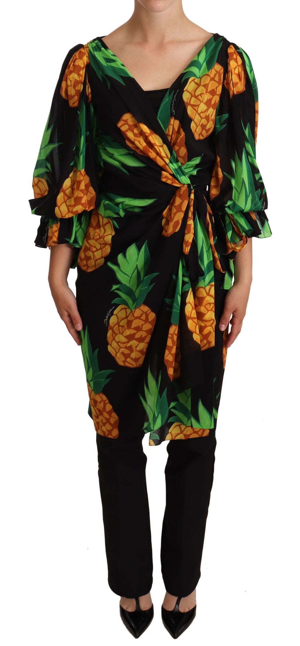 Dolce & Gabbana Schwarzes Ananas Print Wickelkleid aus Stretch-Seide