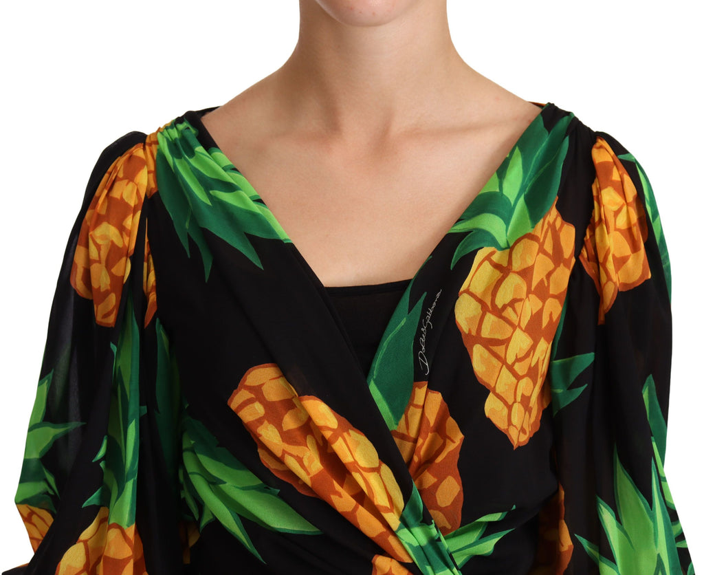 Dolce & Gabbana Schwarzes Ananas Print Wickelkleid aus Stretch-Seide