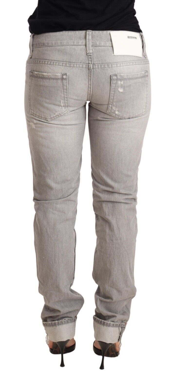 Acht Graue zerfledderte Baumwolle Slim Fit gefalteter Saum Frauen Denim Jeans