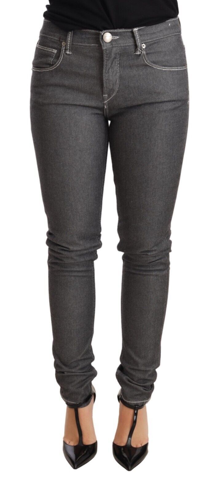 Acht Graue Skinny Denim-Hosenjeans mit niedriger Taille