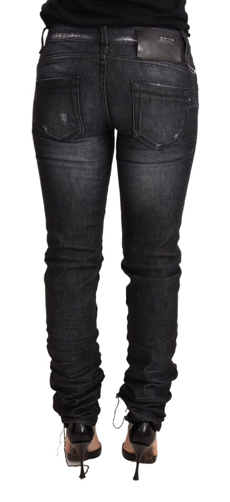 Acht Schwarze Skinny Denim-Hosenjeans aus gewaschener Baumwolle mit niedriger Taille