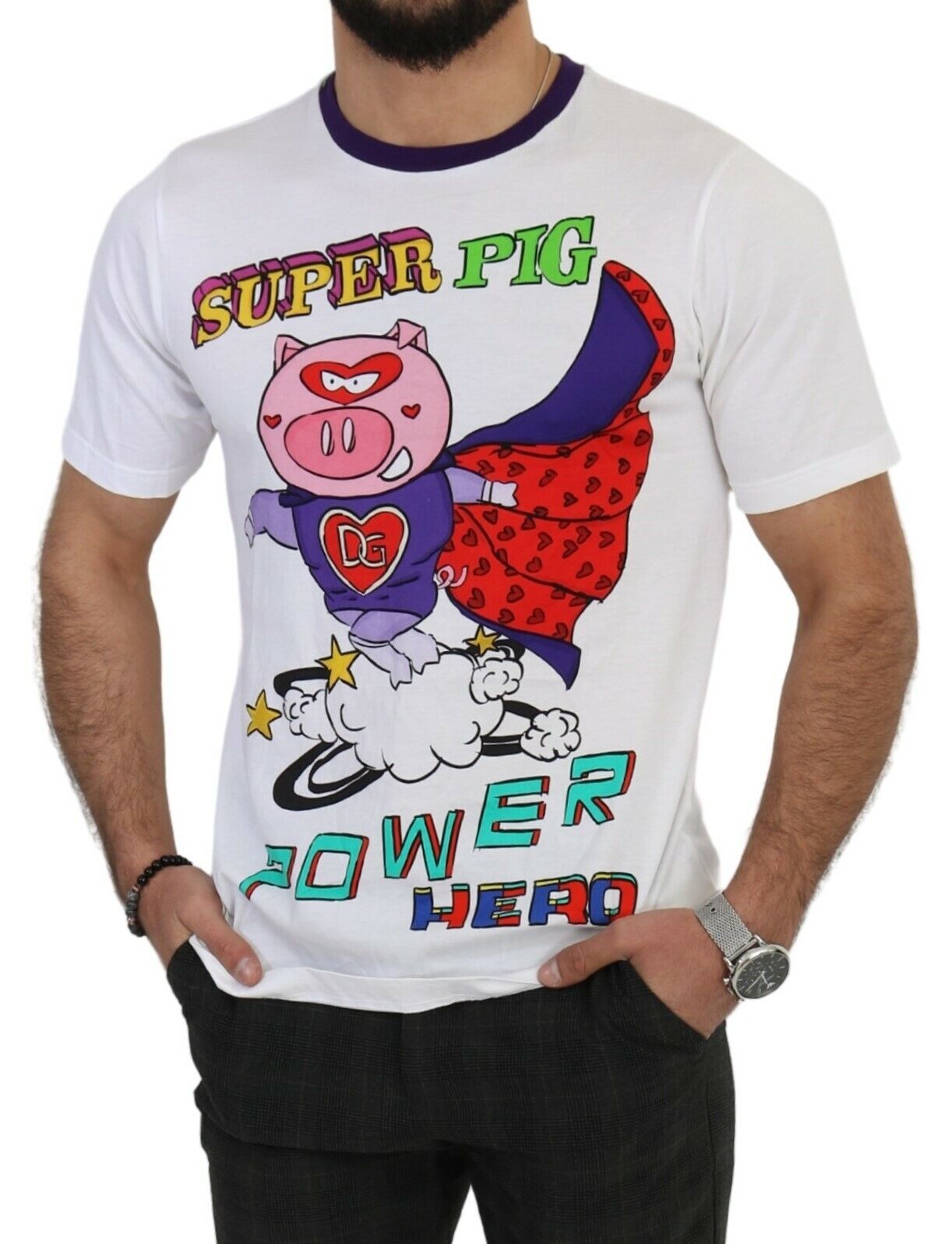 Dolce & Gabbana Weißes Baumwoll-Top Super Power Pig T-shirt