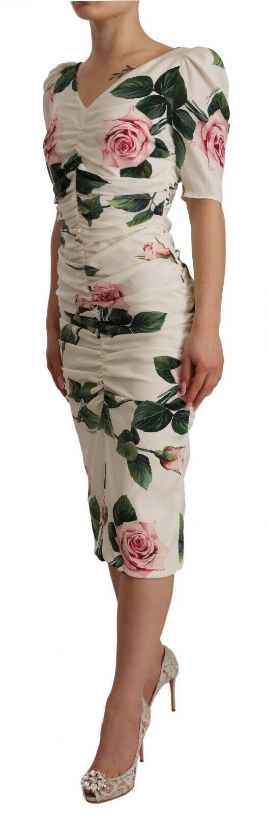Dolce & Gabbana Weißes Rosendruck Stretch-Seidenkleid mit Plissee
