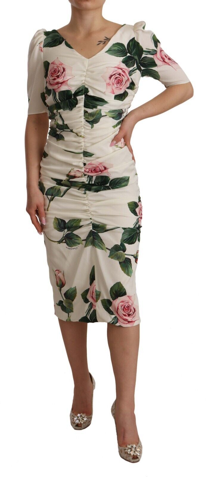 Dolce & Gabbana Weißes Rosendruck Stretch-Seidenkleid mit Plissee