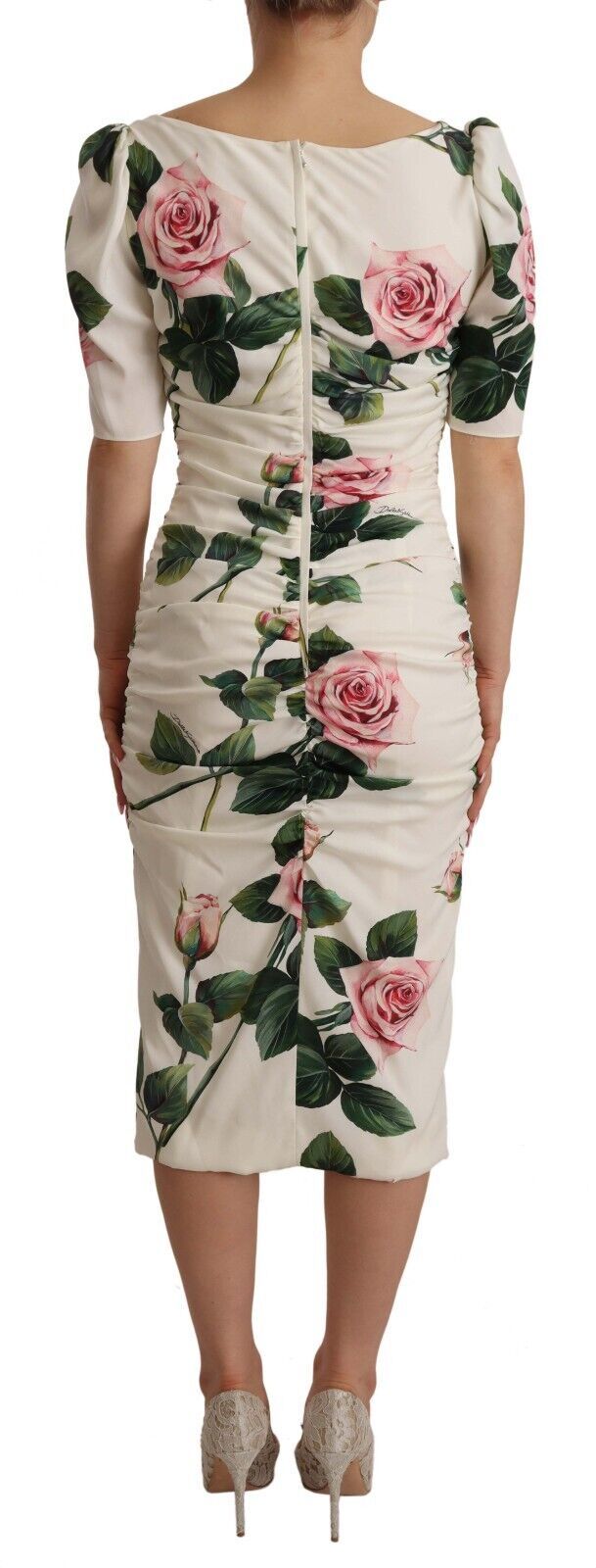 Dolce & Gabbana Weißes Rosendruck Stretch-Seidenkleid mit Plissee