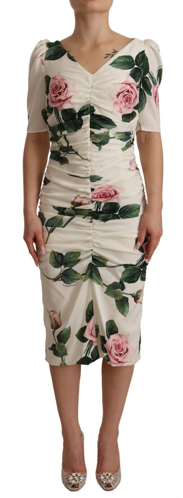Dolce & Gabbana Weißes Rosendruck Stretch-Seidenkleid mit Plissee