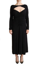 PINKO Schwarzes Nylon Stretch Langarm Maxikleid mit tiefem V-Ausschnitt