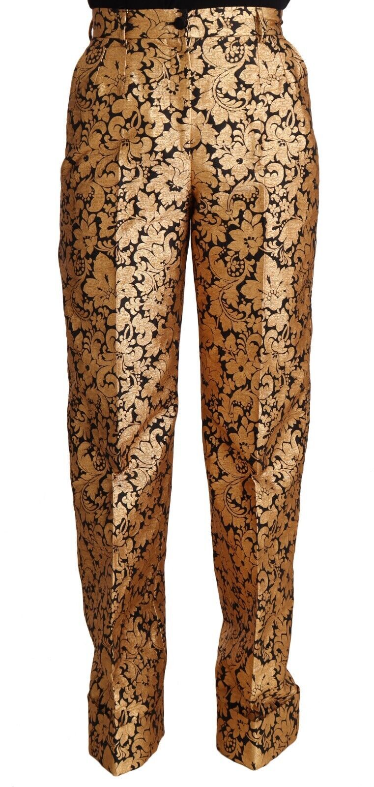 Dolce & Gabbana Goldfarbene, geblümte Jacquard-Hose aus geradem Polyester
