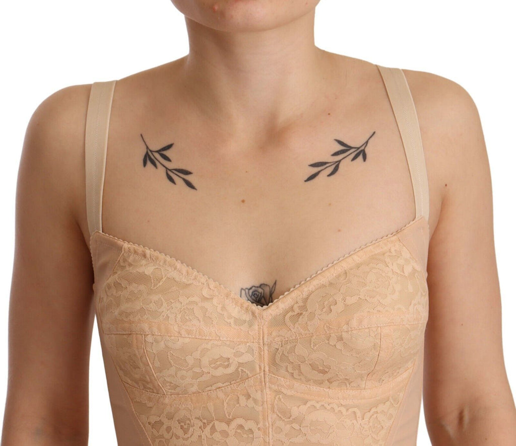 Dolce & Gabbana Beige Nylon Floral Spitze Bodysuit Unterwäsche