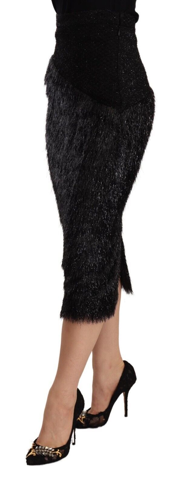 Masha Ma Schwarzer Lametta-Bleistift-Midi-Viskose-Rock mit hoher Taille