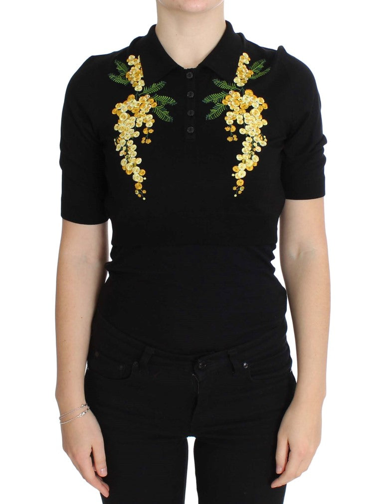 Dolce & Gabbana Schwarzes Poloshirt mit Blumenstickerei aus Seide