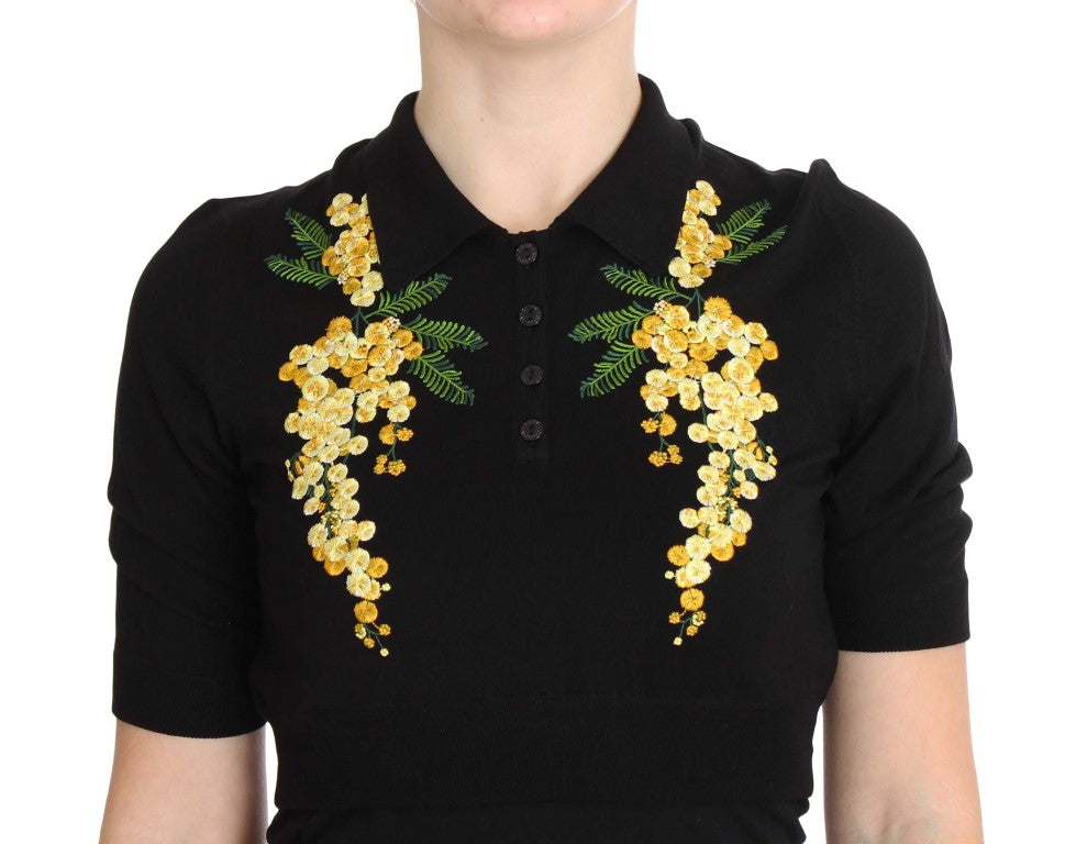 Dolce & Gabbana Schwarzes Poloshirt mit Blumenstickerei aus Seide