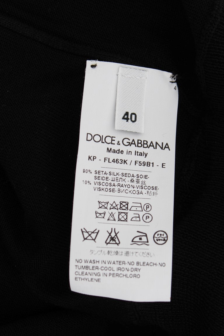 Dolce & Gabbana Schwarzes Poloshirt mit Blumenstickerei aus Seide