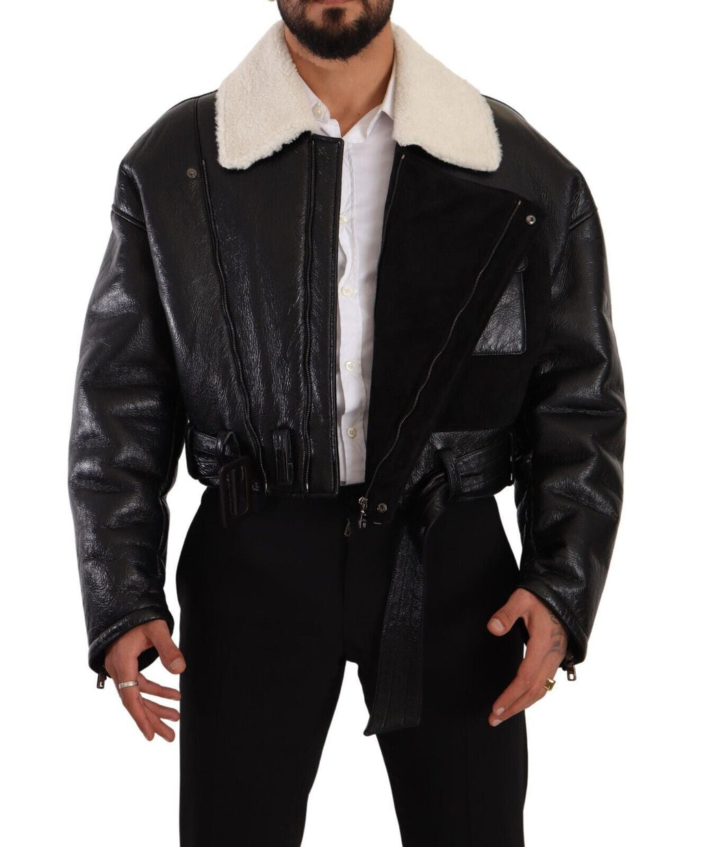Dolce & Gabbana Schwarzer Leder Shearling Bikermantel Jacke