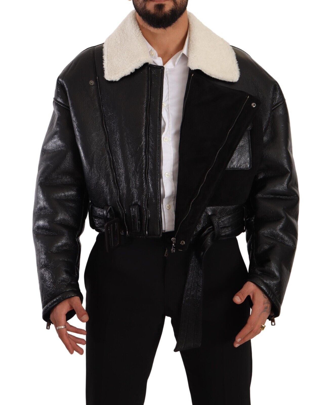 Dolce & Gabbana Schwarzer Leder Shearling Bikermantel Jacke