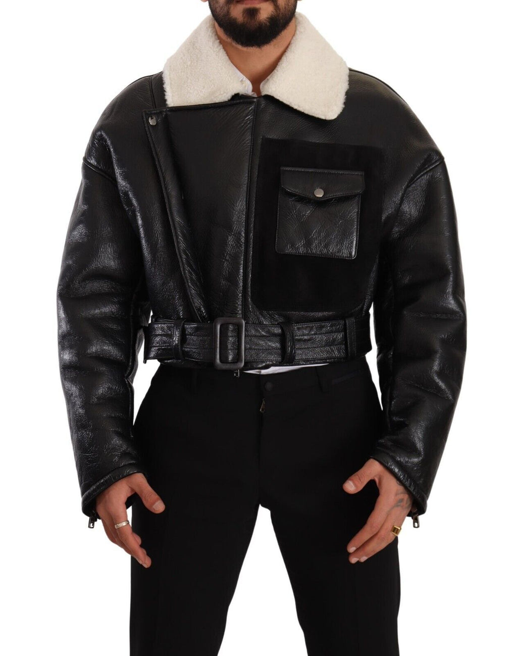 Dolce & Gabbana Schwarzer Leder Shearling Bikermantel Jacke