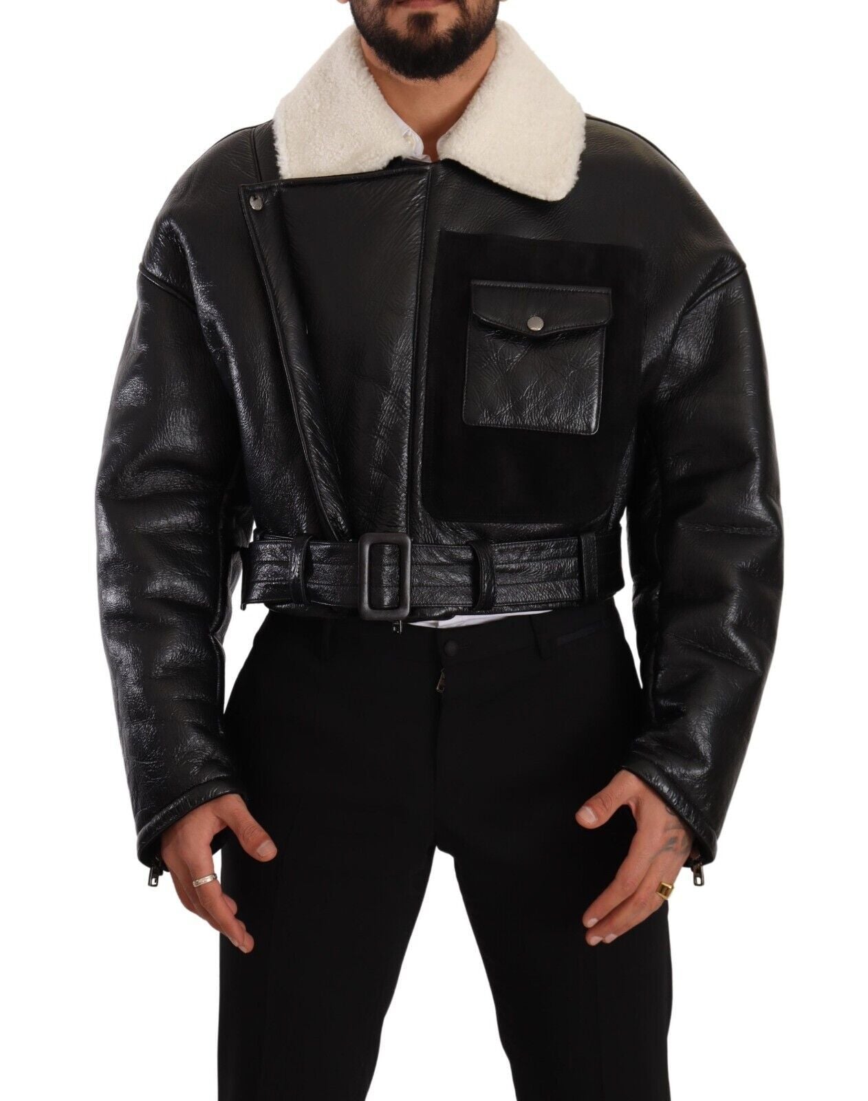 Dolce & Gabbana Schwarzer Leder Shearling Bikermantel Jacke