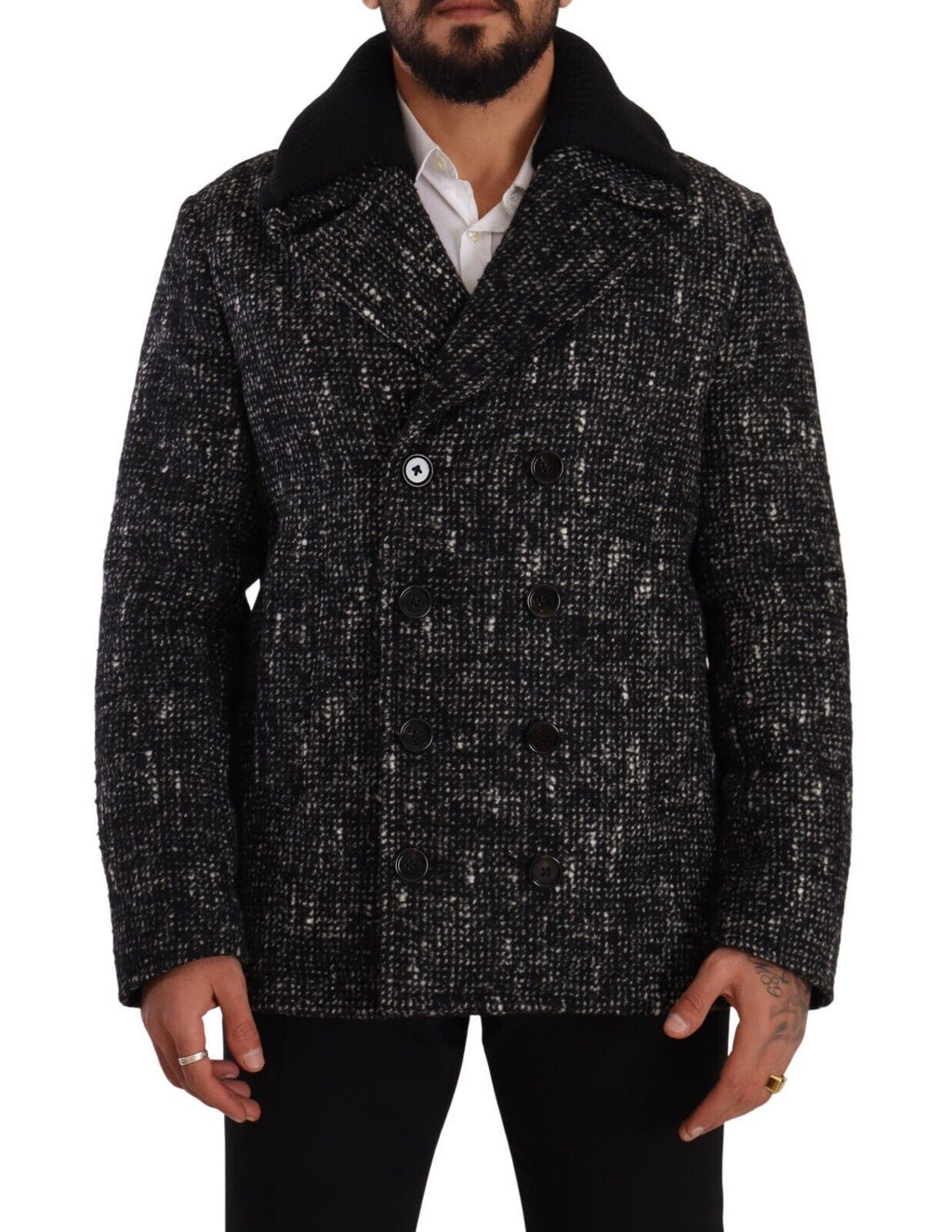 Dolce & Gabbana Schwarzer Wollmantel Zweireiher Herrenjacke