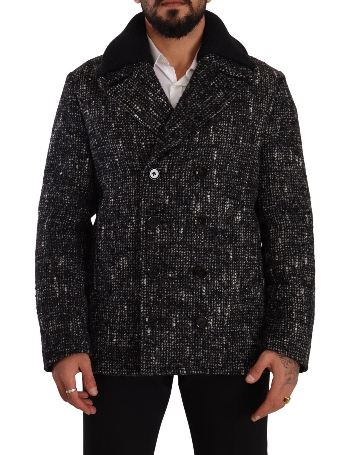 Dolce & Gabbana Schwarzer Wollmantel Zweireiher Herrenjacke