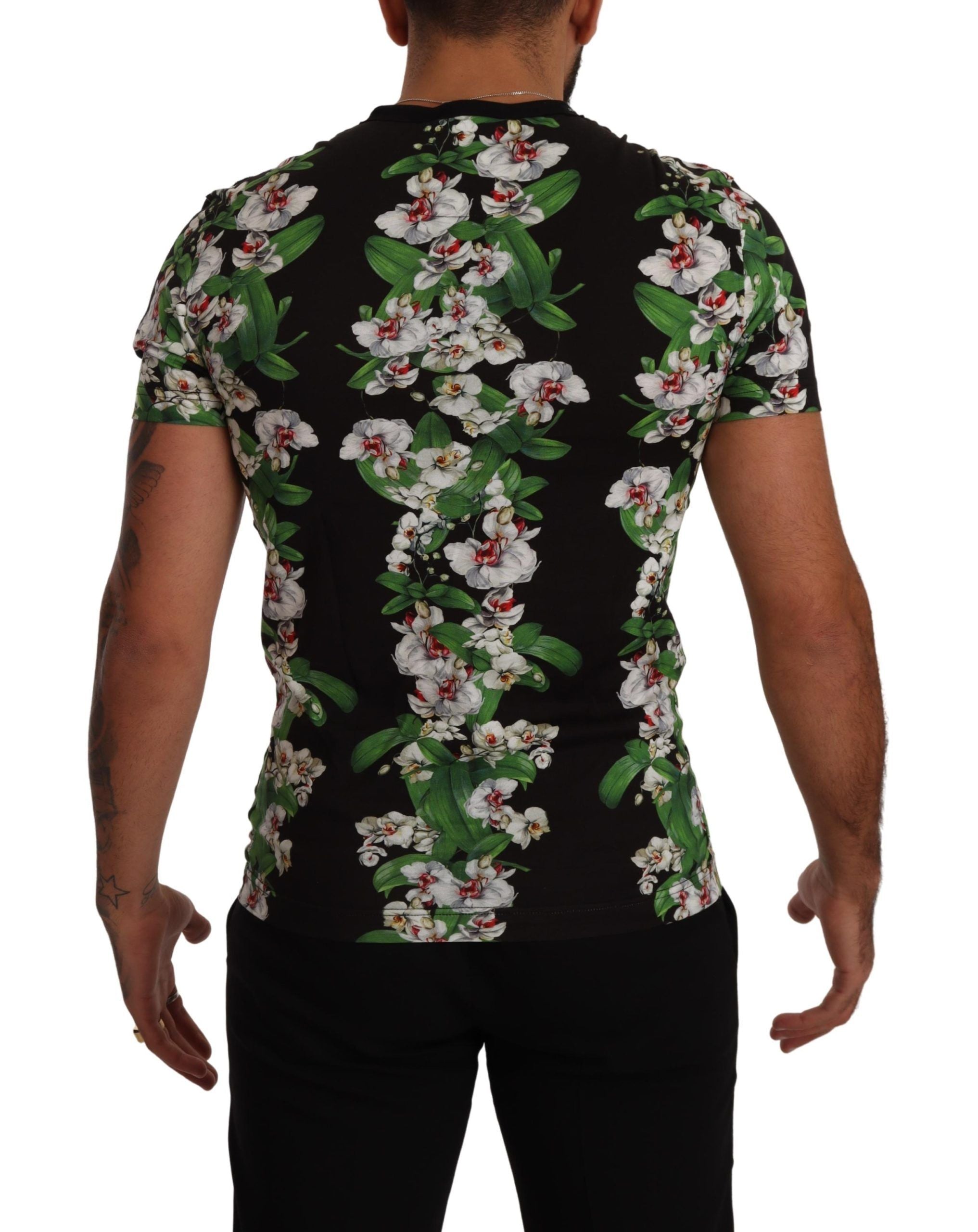 Dolce & Gabbana Schwarzes T-Shirt mit Blumendruck und Rundhalsausschnitt