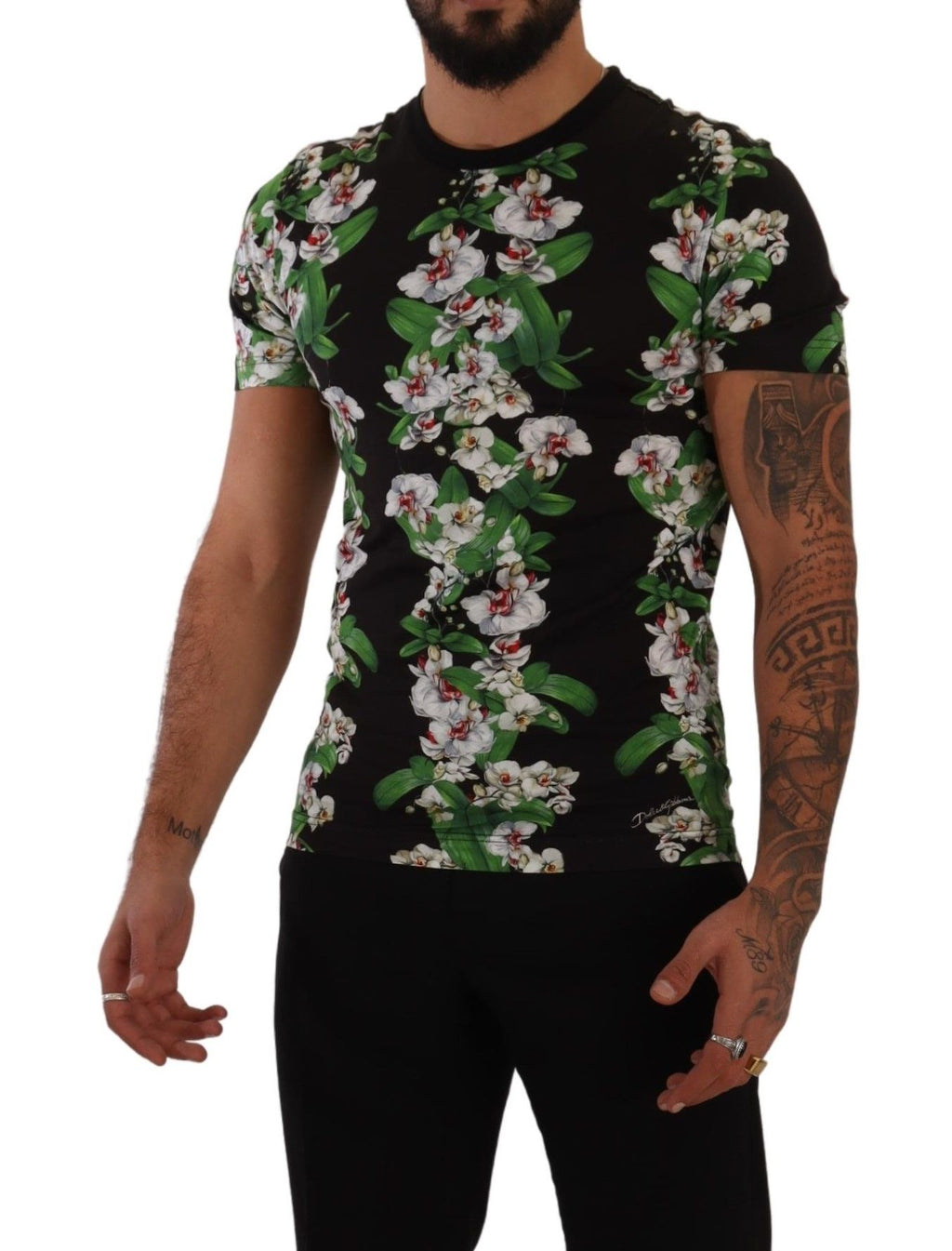 Dolce & Gabbana Schwarzes T-Shirt mit Blumendruck und Rundhalsausschnitt