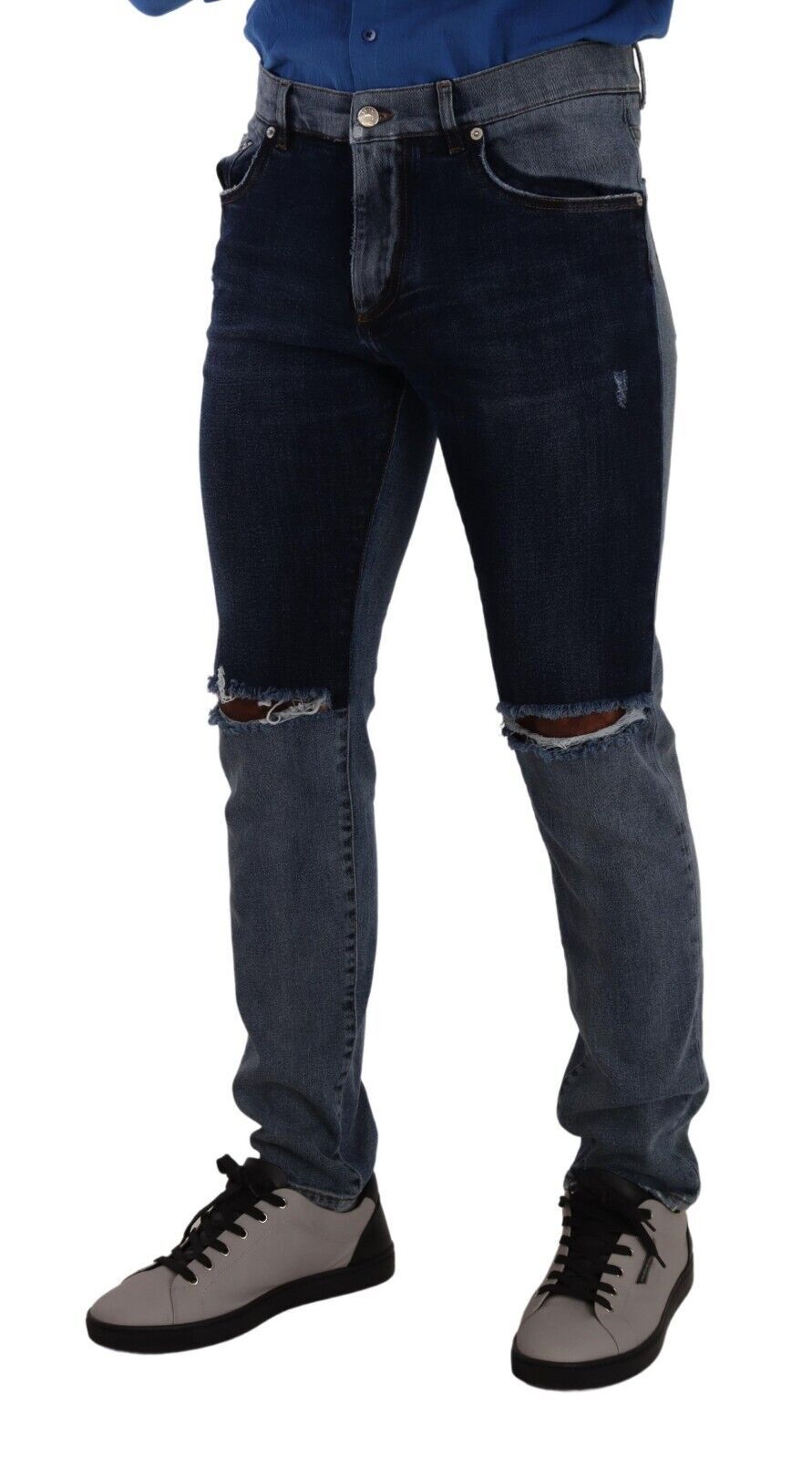 Dolce & Gabbana Blaue zweifarbige Slim Denim Jeans aus zerrissener Baumwolle