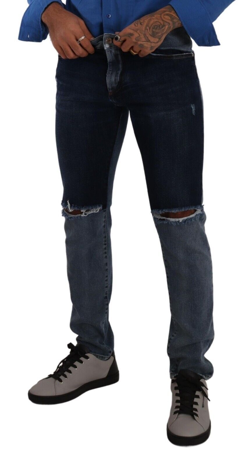 Dolce & Gabbana Blaue zweifarbige Slim Denim Jeans aus zerrissener Baumwolle