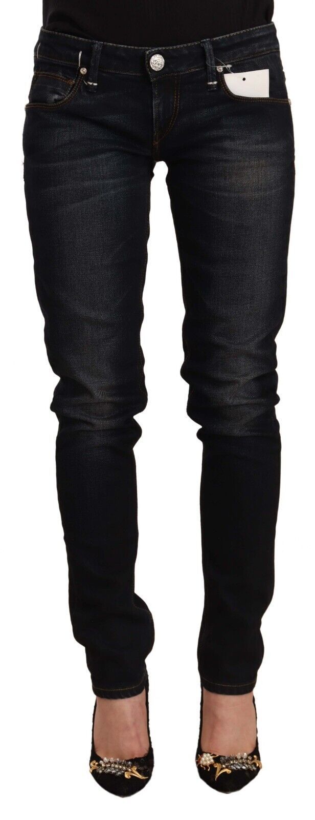 Acht Schwarze Slim Fit Denim-Jeans aus gewaschener Baumwolle mit niedriger Taille