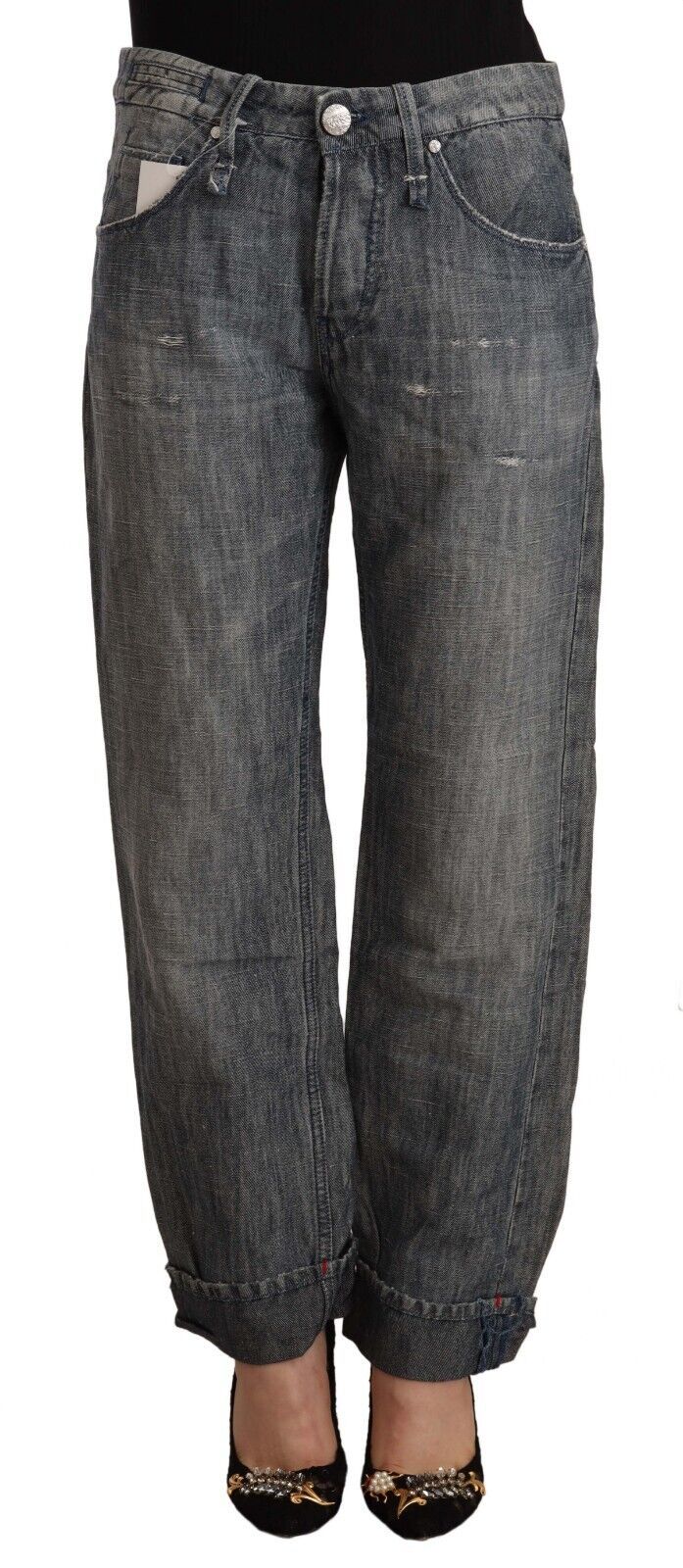 Acht Graue gewaschene Ramie Straight Denim Jeans mit gefaltetem Saum